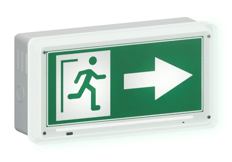 Bloc d’éclairage de sécurité à pictogramme de sortie, représenté en trois dimensions
