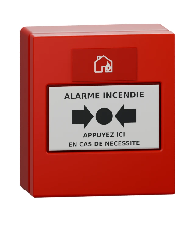 Déclencheur manuel d’alarme incendie rouge à membrane, représenté en trois dimensions