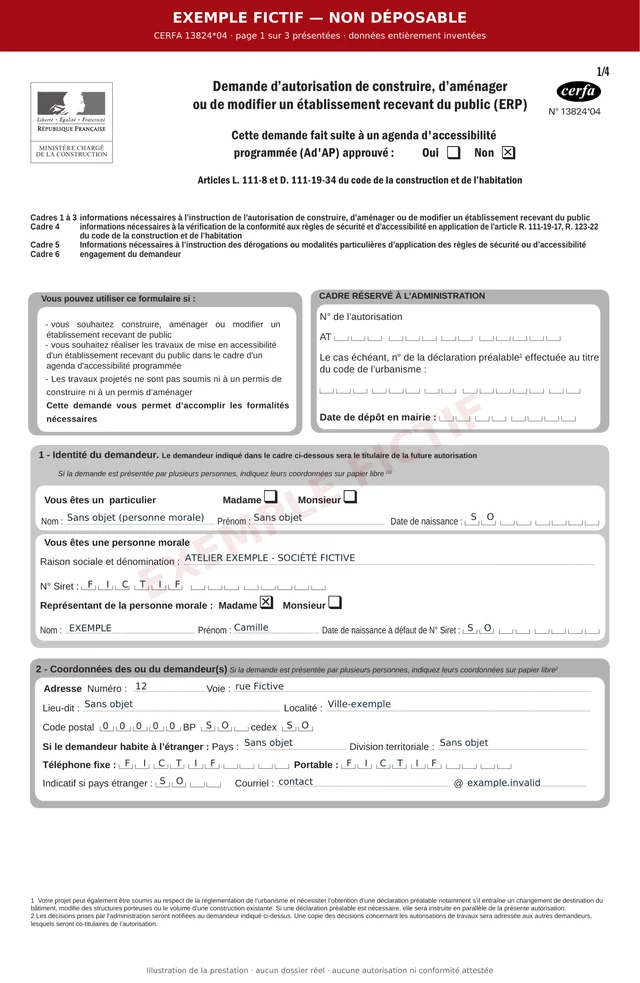 Page 1 sur 3 du CERFA ERP 13824*04, remplie avec un exemple de boutique fictive et marquée non déposable.