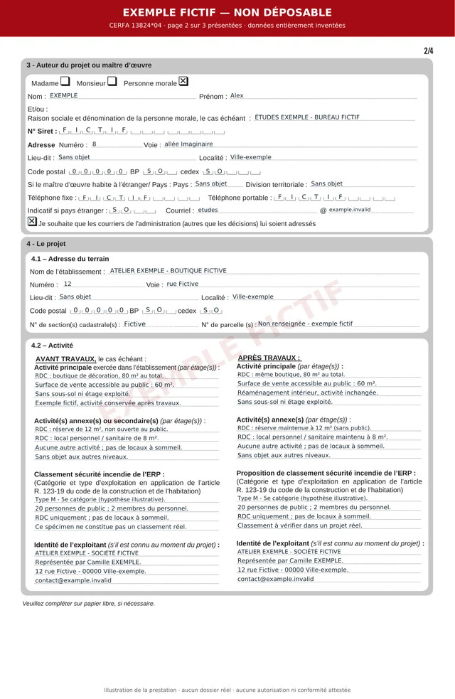 Page 2 sur 3 du CERFA ERP 13824*04, remplie avec un exemple de boutique fictive et marquée non déposable.