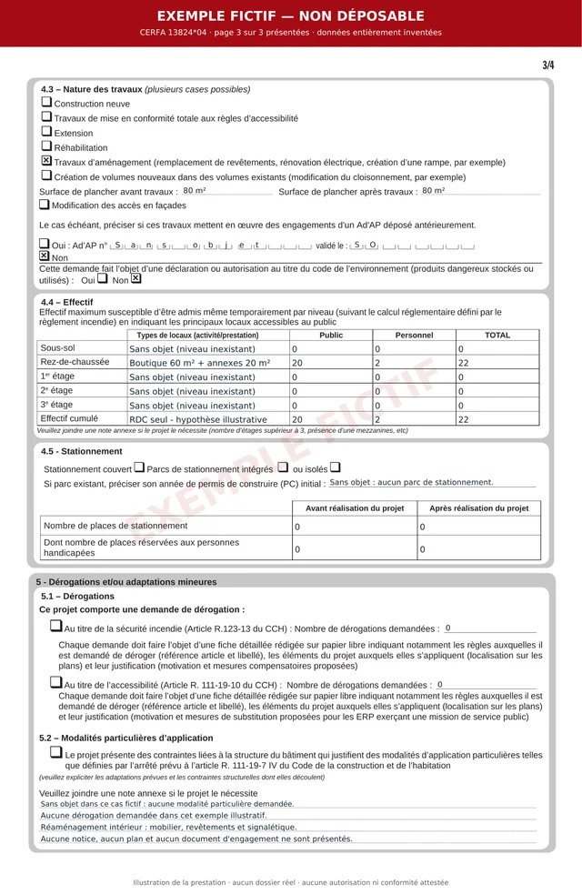 Page 3 sur 3 du CERFA ERP 13824*04, remplie avec un exemple de boutique fictive et marquée non déposable.