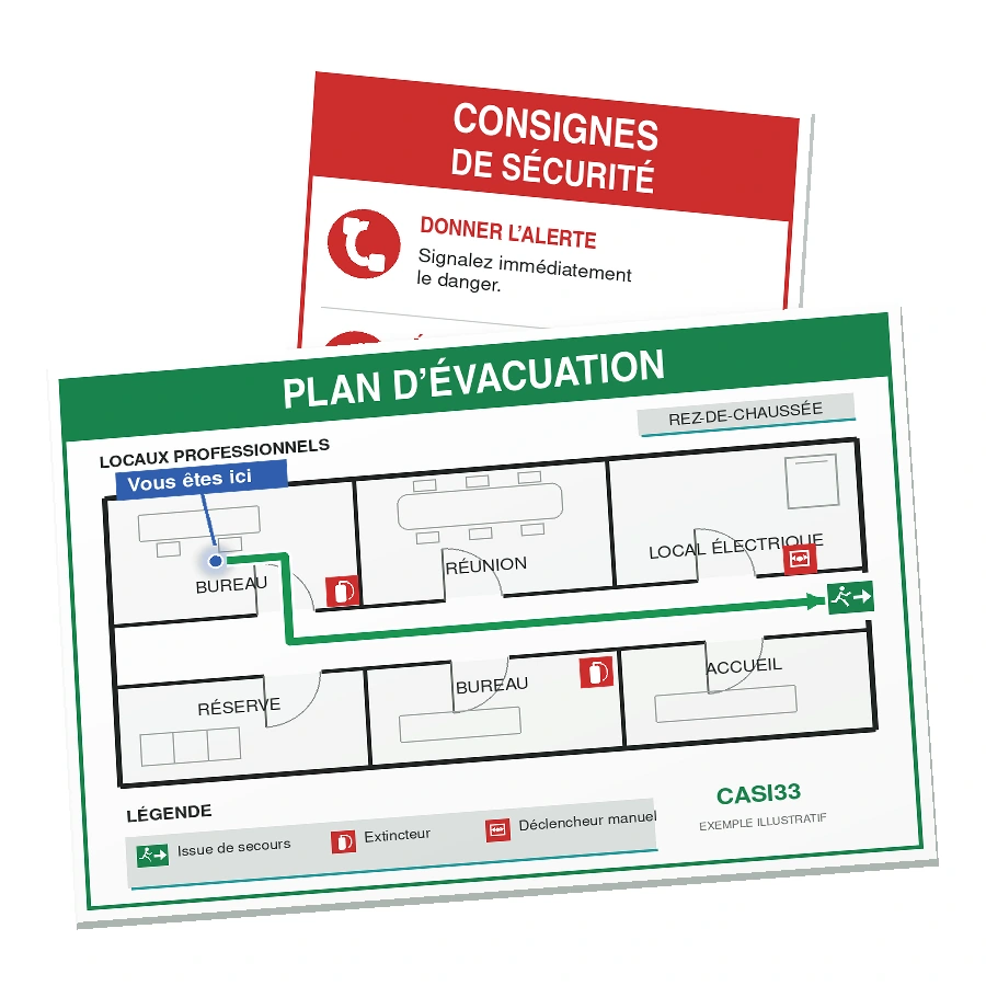 Plan d’évacuation et consignes de sécurité en relief, avec un cheminement illustratif vers la sortie