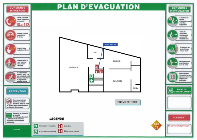 Plan d’évacuation CASI33 réel anonymisé : position, itinéraire et sortie d’un niveau de bureaux.