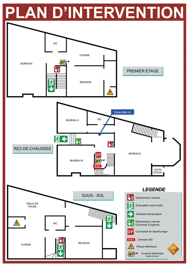 Plan d’intervention CASI33 réel anonymisé : niveaux et organes de sécurité d’un bâtiment professionnel.